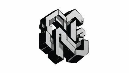 Monochrome abstract geometric cube sculpture with interlocking blocks and optical depth.