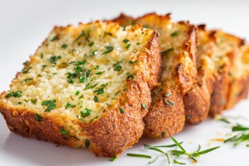 Warm, crusty garlic bread slices with herbs on white background