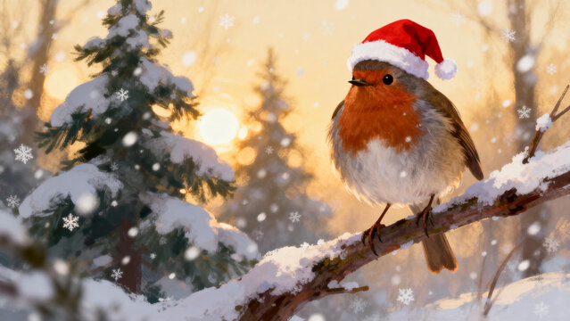 A robin wearing a Santa hat perches on a snow-covered branch in a winter forest at sunset. - Powered by Adobe