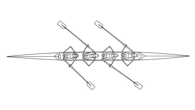 Linear outline of four-person rowing crew from top view
