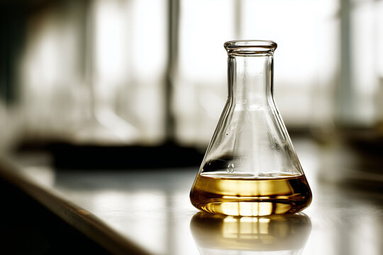 Beuta da laboratorio con liquido dorato su banco. Ricerca scientifica, chimica e sperimentazione.