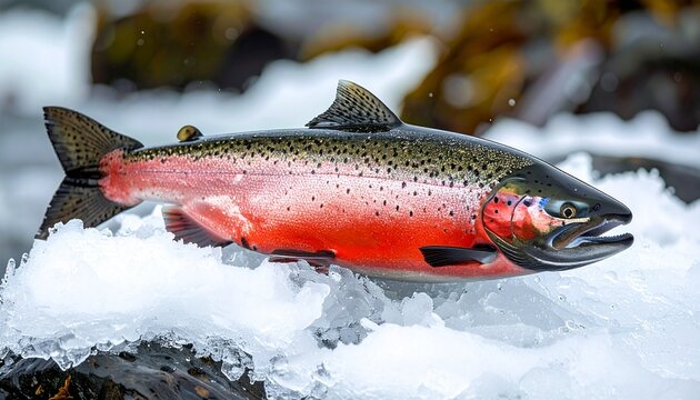Rainbow trout jumping out water.