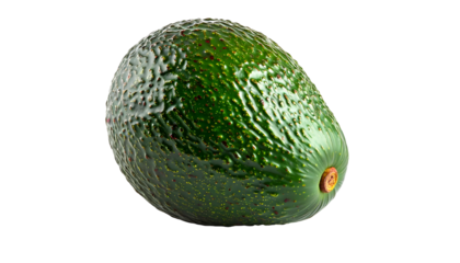 Isolated image of a whole, ripe avocado with textured green skin. Shows stem
