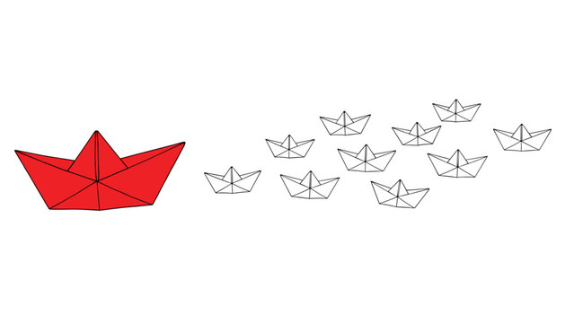 Red paper boat leading black and white origami fleet on white background - Powered by Adobe