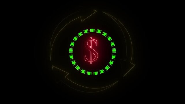 Neon Glowing Arrow, Dollar, Share and Settings Icons Animation on Black Background