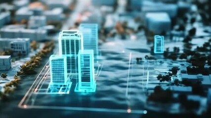 A top-down view shows a cityscape with glowing, blue, digital building models - Powered by Adobe
