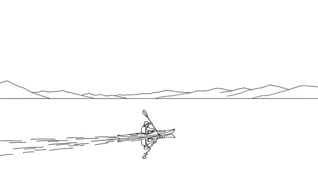 Minimalist line art of kayaker on serene lake with mountain view - Powered by Adobe