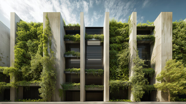 Costruzione moderna con vegetazione verticale e geometrie pulite. Simbolo di sviluppo urbano sostenibile e architettura green.