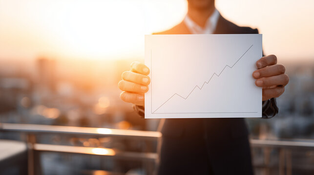 Uomo in giacca mostra grafico di crescita finanziaria. Successo aziendale e strategia economica.