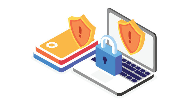Flat isometric illustration of a laptop with a padlock and credit cards protected by shields representing malware protection and cybersecurity