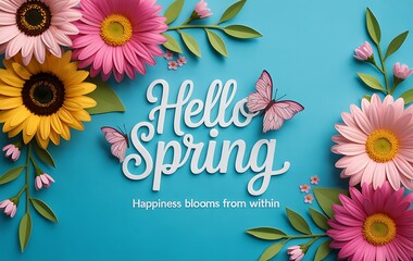 Colorful floral hello spring typography with butterflies on blue background