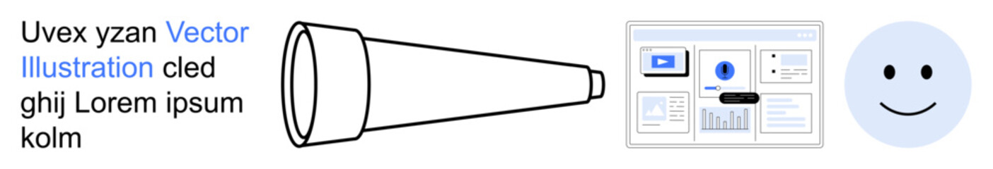 Fototapeta premium Vision, optimism, technology, user interface, exploration, creativity. A telescope, a digital user interface and a happy face icon. Vision and optimism themed creative