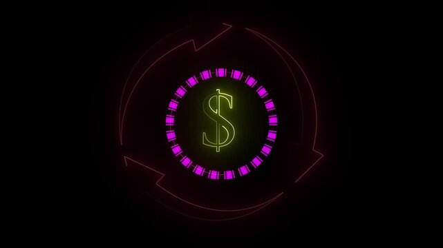 Neon Glowing Arrow, Dollar, Share and Settings Icons Animation on Black Background
