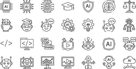 Artificial intelligence icon set illustration, AI technology symbols collection, machine learning robot automation analytics education security coding outline vector design