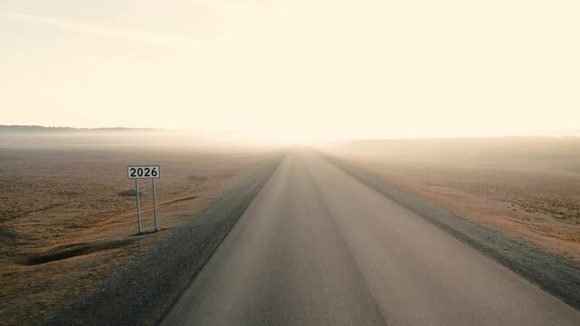 Cinematic video of a long foggy road stretching toward the distant horizon, the sign 2026 on the side 