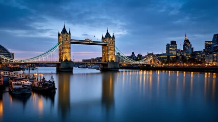 Tower Bridge London at Twilight with City Skyline and River, 4k video - Powered by Adobe