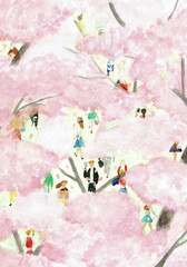 手描き水彩イラスト　満開の桜の下を行き交う人々