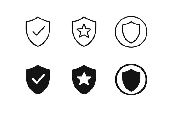 Shield icons set with checkmark and star, security and protection symbols