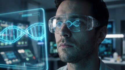 Male scientist analyzes holographic DNA structure in a high-tech lab. Concept of genetic engineering and future medical research.