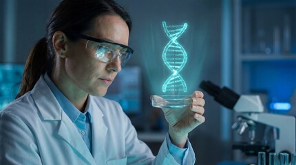 Female scientist analyzes holographic DNA helix above petri dish in laboratory. Concept of biotechnology, genetics and future medicine innovation.