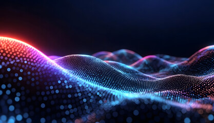 Fototapeta premium Abstract glowing digital wave of particles in neon blue and red light