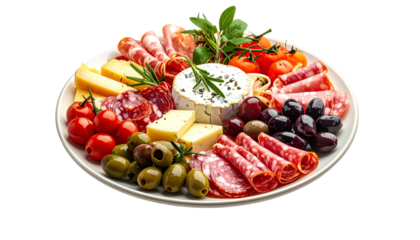 A circular platter with assorted charcuterie, cheeses, olives, tomatoes, and herbs