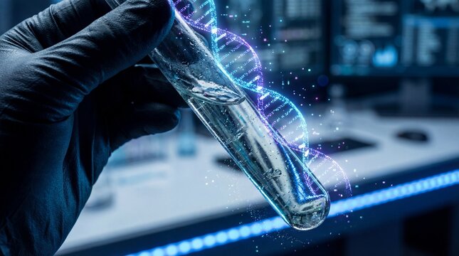 Gloved hand holds a test tube with a glowing digital DNA strand in a modern lab. Represents genetic research and biotechnology innovation. Ideal for science and medical projects. - Powered by Adobe