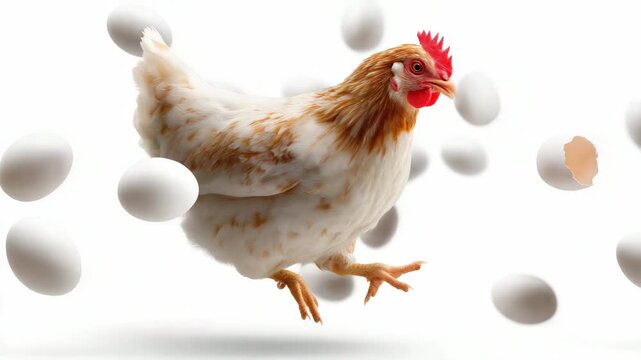 Chicken in motion surrounded by floating eggs in a moment of dynamic movement