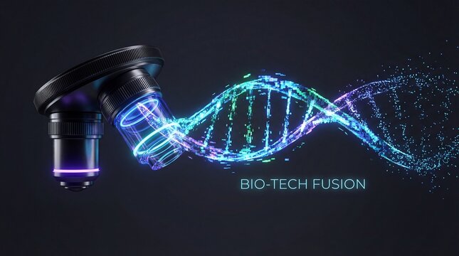 3D render of a microscope lens projecting a glowing digital DNA helix. Represents biotechnology and genetic research. Perfect for medical, tech, or science themes. - Powered by Adobe
