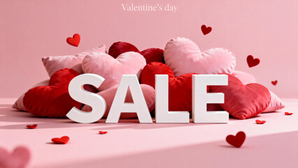 Valentine's Day sale promotion with heart-shaped pillows and red hearts on a pink background