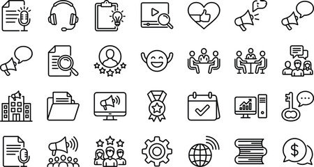 Business Marketing and Digital Communication Line Icons Set Featuring Megaphones, Strategy Documents, Customer Reviews, Video Search, Analytics, Global Networking, Social Media, 