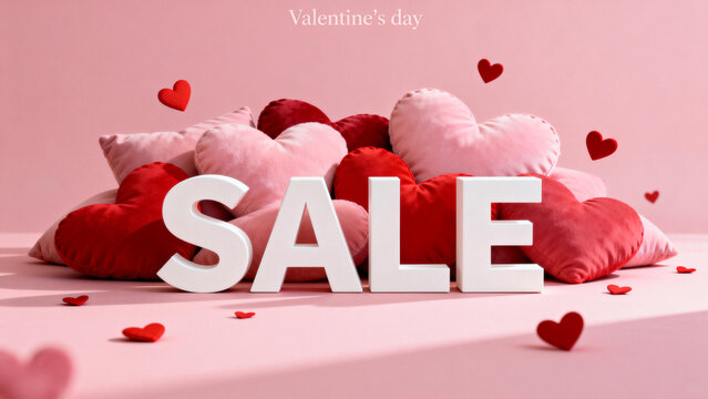 Valentine's Day sale promotion with heart-shaped pillows and red hearts on a pink background - Powered by Adobe