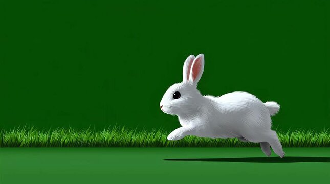 A white rabbit running against a green background and grass, chroma key. Animation of a cute white rabbit or hare running against a green background. Spring, Easter theme. Looping video.