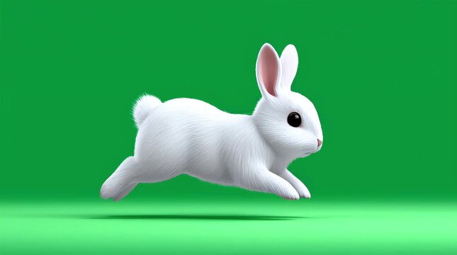 A white rabbit running against a green background, chroma key. Animation of a cute white rabbit or hare running against a green background. Spring, Easter theme. Looping video.