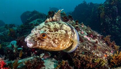 Pufferfish on coral reef underwater.