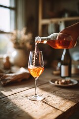 Obraz premium Warm sunlight highlights amber orange wine as it is poured into a wine glass on a rustic table