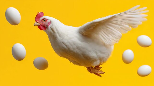 Chicken in midair with surrounding eggs on bright yellow background