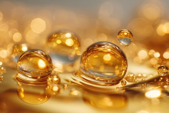 Warm-toned gold bubble composition with reflective surfaces and depth