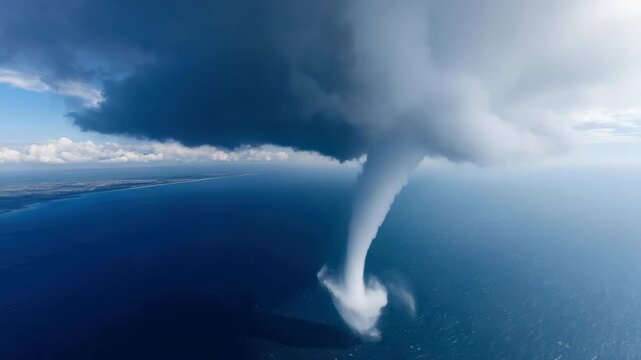Aerial view of powerful waterspout over ocean at coastal shoreline