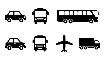 Black silhouettes of various vehicles on including car bus truck and airplane