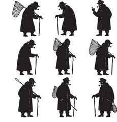 Obraz premium Elderly man silhouette set with walking cane and net in different poses