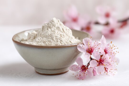 White clay powder in a ceramic bowl with a flowering cherry sprig for a home spa skincare setup