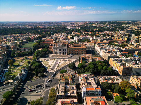  Aerial view of the Lateran Palace and the Archbasilica of Saint John Lateran in Rome, Italy. Historic architecture of the Papal residence  