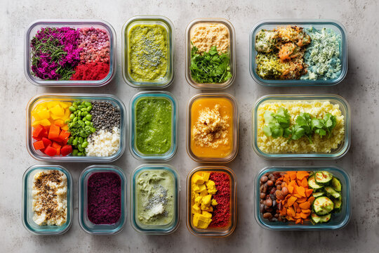 Composizione di ingredienti vegetali pronti per pasti settimanali bilanciati. Verdure, riso, legumi e salse in contenitori riutilizzabili, concetto di nutrizione sana, organizzazione domestica e cucin