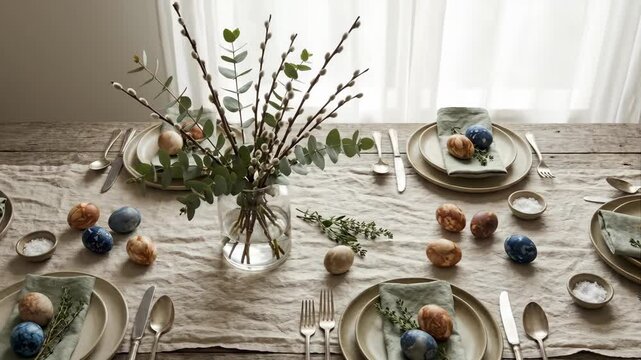 Rustic Easter table setting with dyed eggs and pussy willow centerpiece. Elegant spring dining arrangement with linen napkins and eucalyptus on a wooden table. Holiday celebration concept