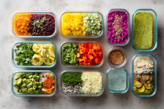Contenitori con verdure fresche, cereali e legumi organizzati per meal prep sano. Cucina vegetale colorata, dieta equilibrata, alimentazione consapevole e lifestyle salutare con vista dall&rsquo;alto e copy