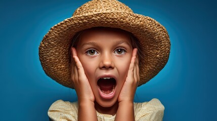 Wide-format studio shot: girl in straw hat, ears covered, shouting on a vivid blue background