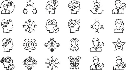 Business, leadership, mindset, outline, icons, set, strategy, creativity, innovation, teamwork, skills, planning, success, management, thinking, network, achievement, symbols, vector, illustration © PixelsWorld