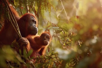 Wild orangutans in a lush tropical rainforest: an intimate moment among vines and green canopy