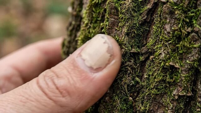 Close-up of damaged fingernail with fungus infection on thumb. Person with peeling and brittle nail pressing against tree bark. Dermatology and health care concept regarding onychomycosis